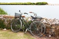 Two bicycles lying on a low wall on the river amidst the green nature that flows over the sea of Ã¢â¬â¹Ã¢â¬â¹Pisa